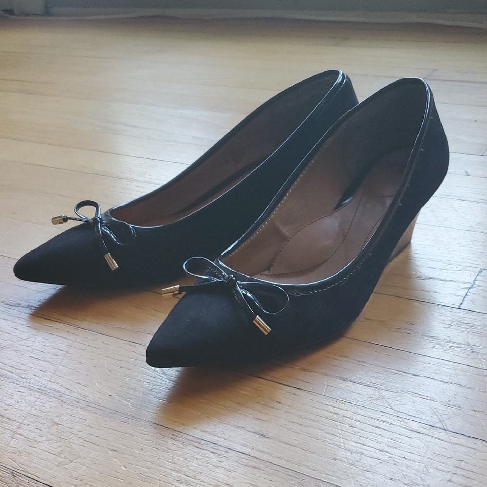Sofft Black Suede Wedge Heels with Bow Accent
